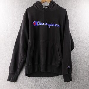 Champion Reverse Weave Hoodie Sweatshirt Mens Large Black Pullover Logo Athletic